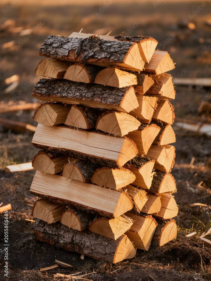 neatly stacked firewood cord from logged forest stock photo